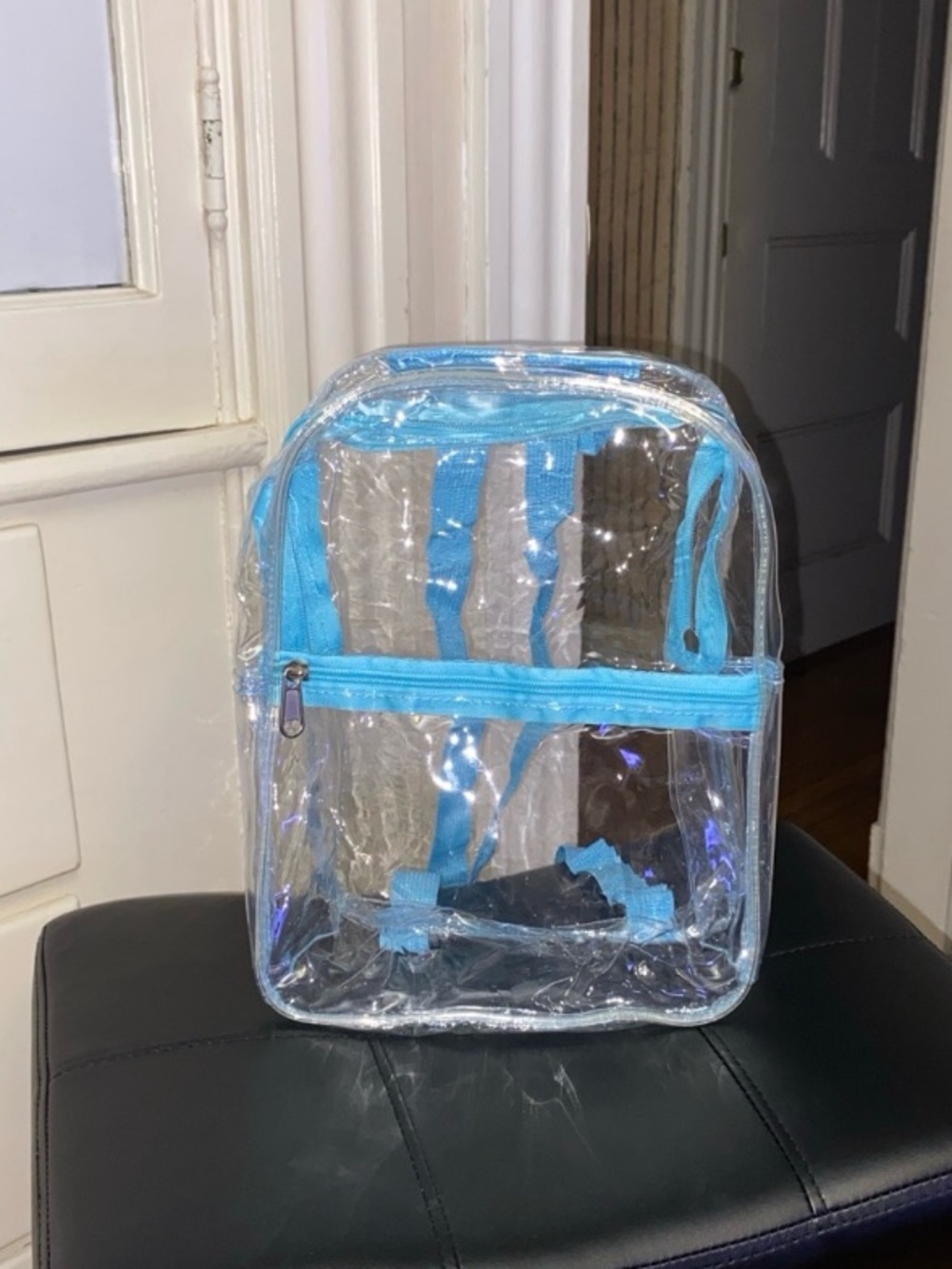 Clear PVC Backpack with Light Blue Trim,women's adjustable bag